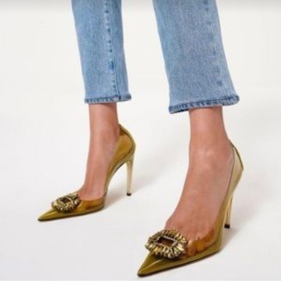 GOOD AMERICAN 6 1/2‎ Golden Olive Cinder F*ckin Rella Lucite Pumps Heels NEW - Picture 3 of 13